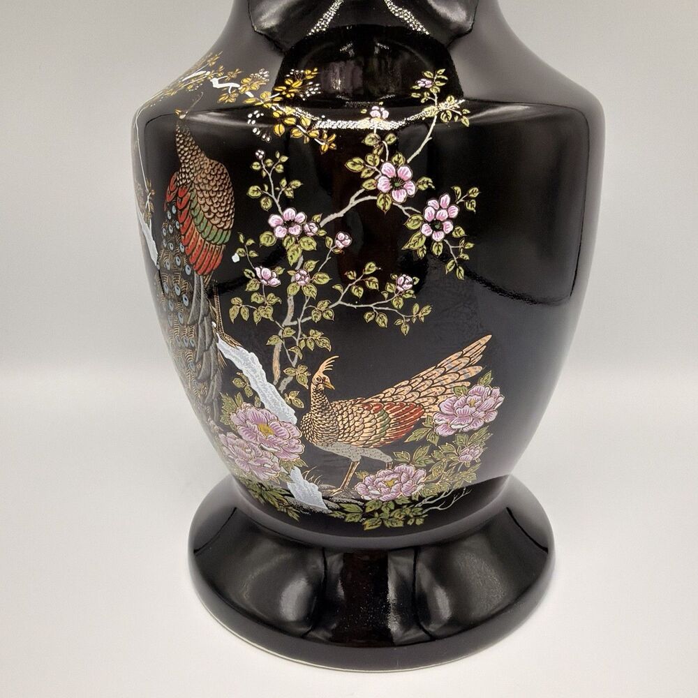Vintage Japanese Black Peacock Floral Vase 11” Gold Trim Hand Decorated Japan - Picture 4 of 14